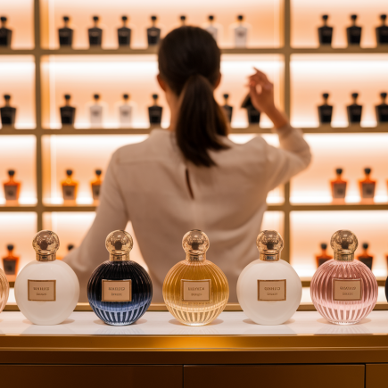 femme-dos-parfumerie-bouteilles-lumieres