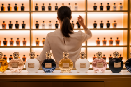 femme-dos-parfumerie-bouteilles-lumieres