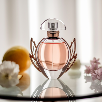 flacon-parfum-surface-reflet-fruits-fleurs