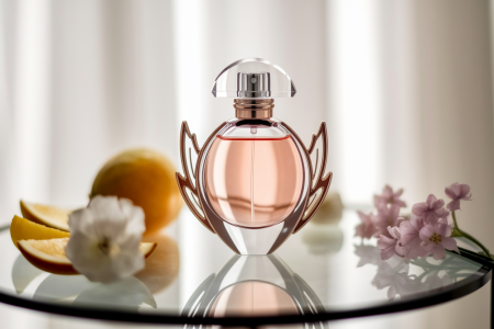 flacon-parfum-surface-reflet-fruits-fleurs