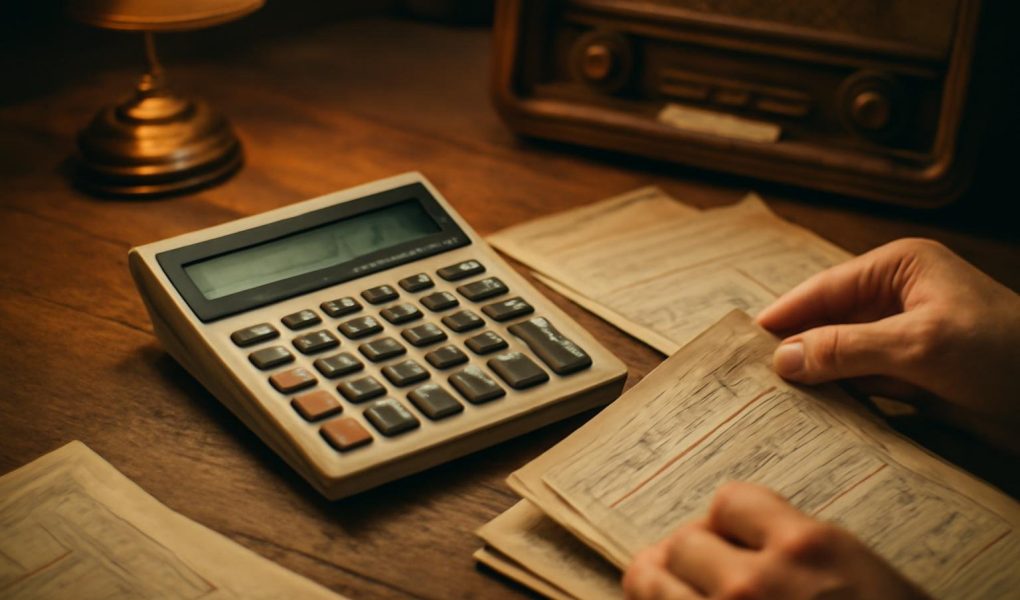 calculatrice-vintage-papiers-table-bois