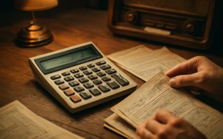 calculatrice-vintage-papiers-table-bois