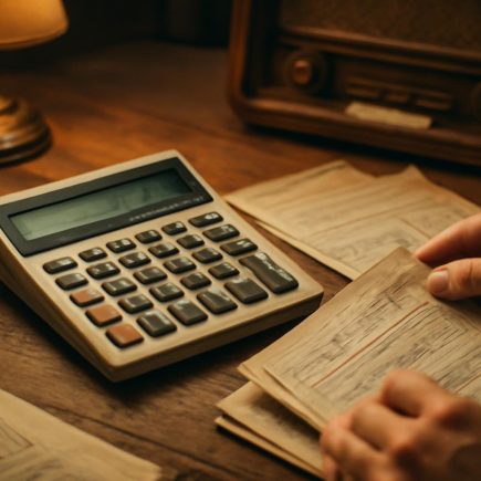 calculatrice-vintage-papiers-table-bois