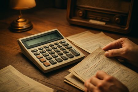 calculatrice-vintage-papiers-table-bois