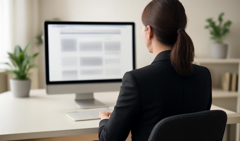 femme-bureau-ordinateur-arriere-plan-flou
