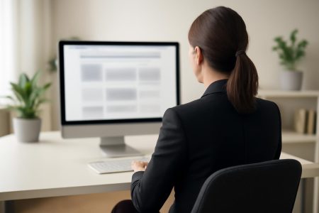 femme-bureau-ordinateur-arriere-plan-flou