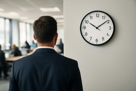 personne-bureau-costume-horloge-murale