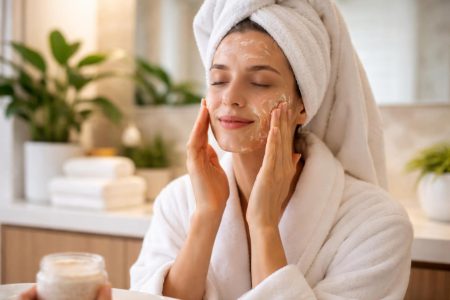 femme-salle-bain-exfoliant-plantes